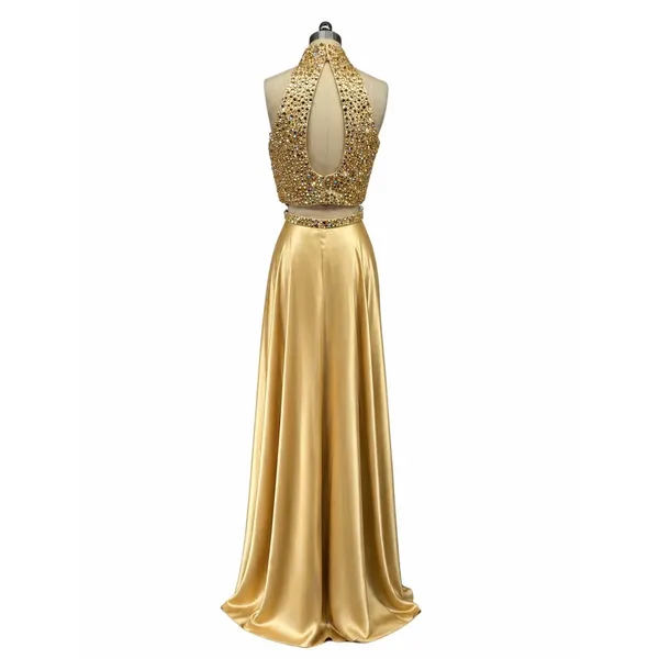 NWT Sherri Hill Gold Two Piece Halter High Slit Gown Dress Size‎ 8 Prom Formal - Image 3