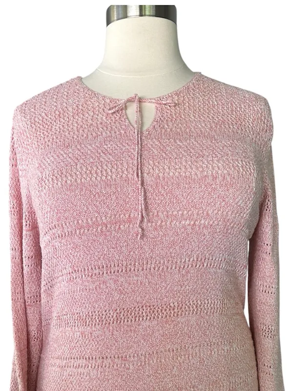 Denim & Company Light Pink Knit Tie-Neck Pointelle Sweater Size Large - Image 4