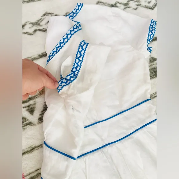 J.Crew White 100% Linen Embroidered Midi Dress Blue Ric Rac Button Front Size 2 - Image 11
