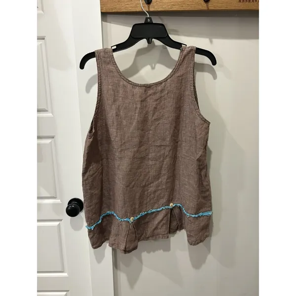 Liz & Jane Linen Tank Top Women’s Size Large Brown Turquoise Fringe Lagenlook - Image 5