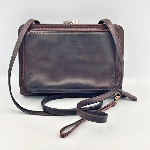 Vintage‎ Fossil Brown Leather Crossbody Organizer Wallet Bag Kiss Lock Y2K - Image 2