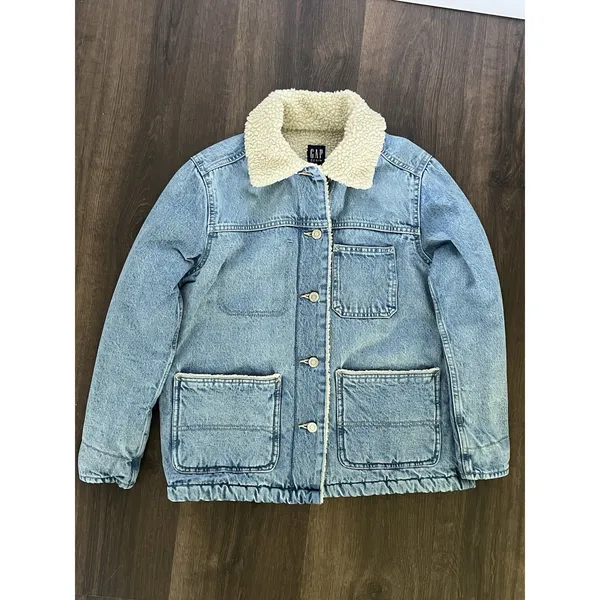 GAP Patch Pocket Sherpa Denim Jacket Chore Coat Barn Style Xs Petite Oversized - Image 10