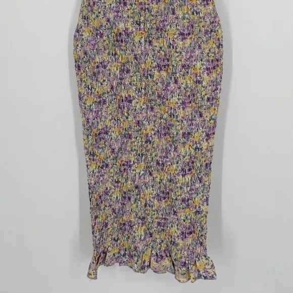 SNDYS Everyday Tina Midi Dress Size 2 Purple Yellow Floral Print Smocked Bodycon - Image 7