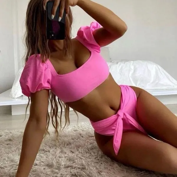 High-Waist Pink Puff-Sleeve Bikini Set with Front Tie - Image 2