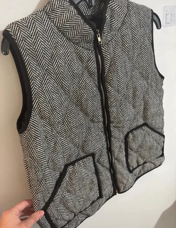 Vintage 90s Herringbone Quilted Puffer Vest - Black & White Tweed - Size S - Image 2