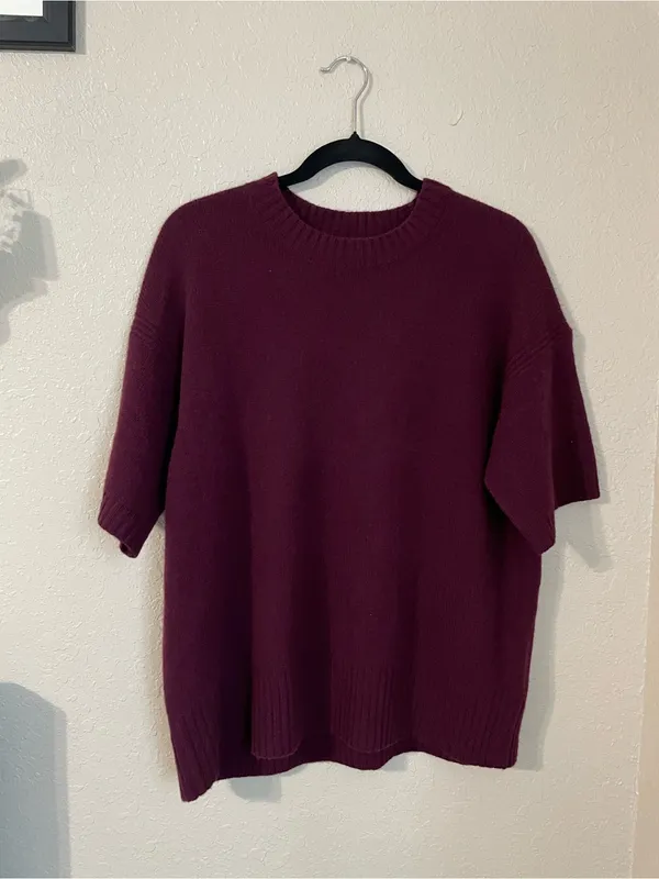J. Crew Lambs Wool Oversized Sweater Tee Shirt Short Sleeve Size XS Burgundy - Image 2