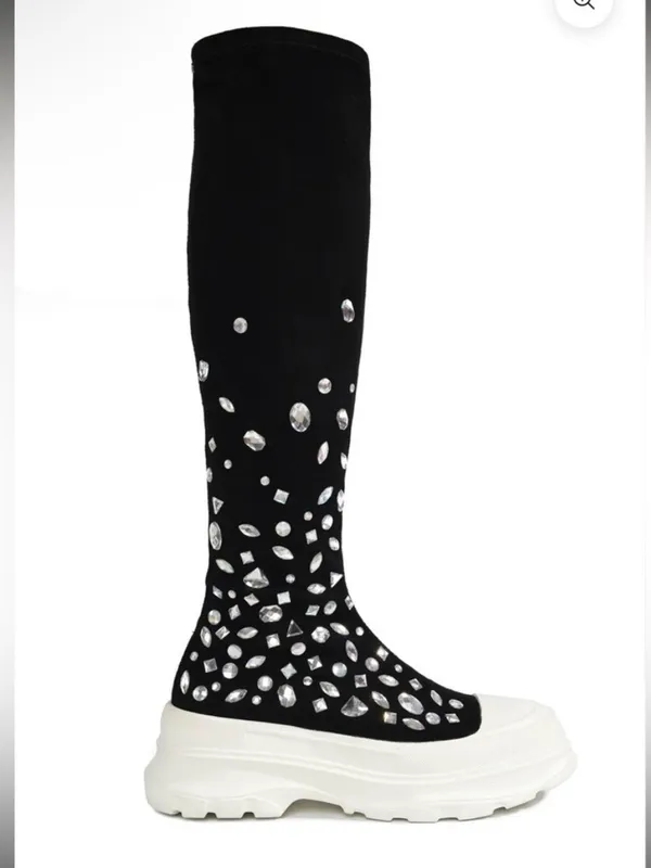 Cape Robbin Black Knee-High Platform Boots with White Soles and Silver Studs - Image 4