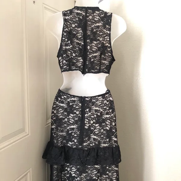 Black Whimsygoth gothic grunge lace cut out slim fit fitted maxi halter formal prom dress gown deep V neckline, open back, and tiered ruffle hem-S #goth #whimsygoth #fairycore #fairygrunge - Image 4