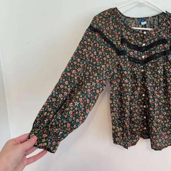 OLD NAVY Long Sleeve Lace Trimmed Floral Print Blouse Brown Button Cottagecore - Image 7