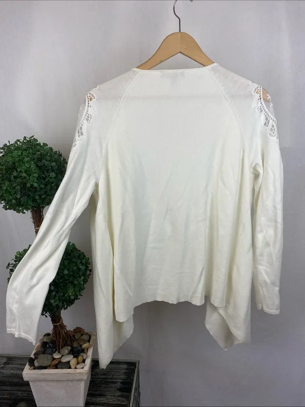 Limited Ivory Long Sleeve Crochet Accent Open Drape Front Cardigan Sweater M - Image 3