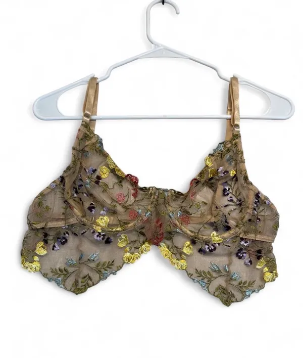 Gooseberry Intimates floral embroidered bralette with yellow, red, and purple flowers on beige mesh #lingerie #embroidered - Image 2