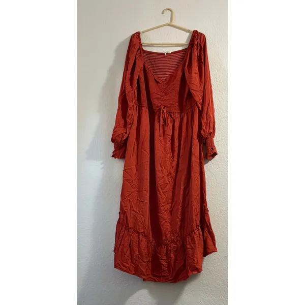 New Autumn Smocked Square Neck Flared Dress | Boho Bell Sleeve Ruffle Hem Midi L - Image 3