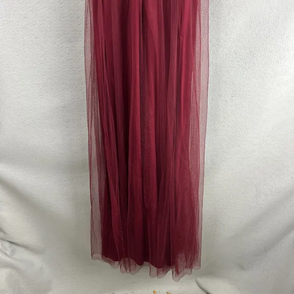 Lulus Burgundy Tulle Maxi Gown 2X Deep V Spaghetti Strap Front Slit Bridesmaid - Image 9