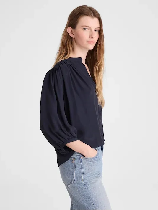 Madewell Shirred Crewneck Button-Up Top crepe de chine navy 3/4 sleeve Sz S NWT - Image 4