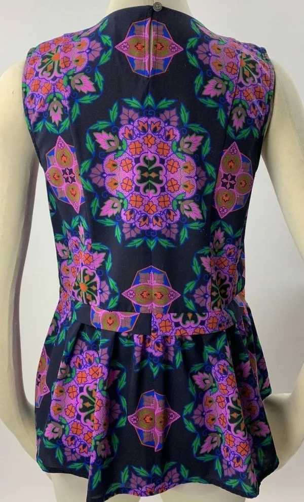 J. Crew Navy Colorful Damask Mirror Image Peplum Hem Top Tank Blouse Size 2 - Image 3