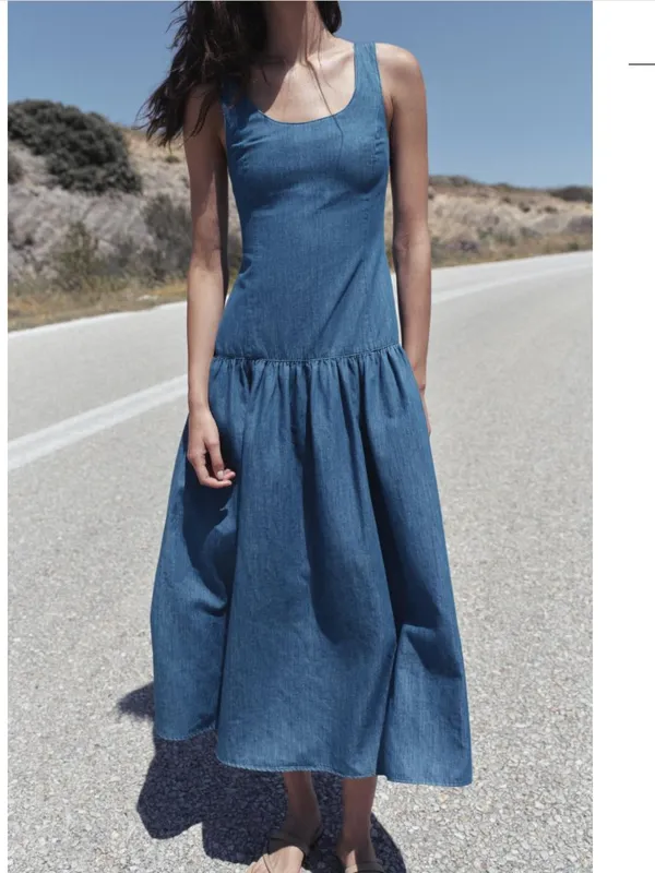 NWOT ZARA MIDI CAPE Denim SKIRT DRESS Medium Blue Cotton Linen Blend - Image 2