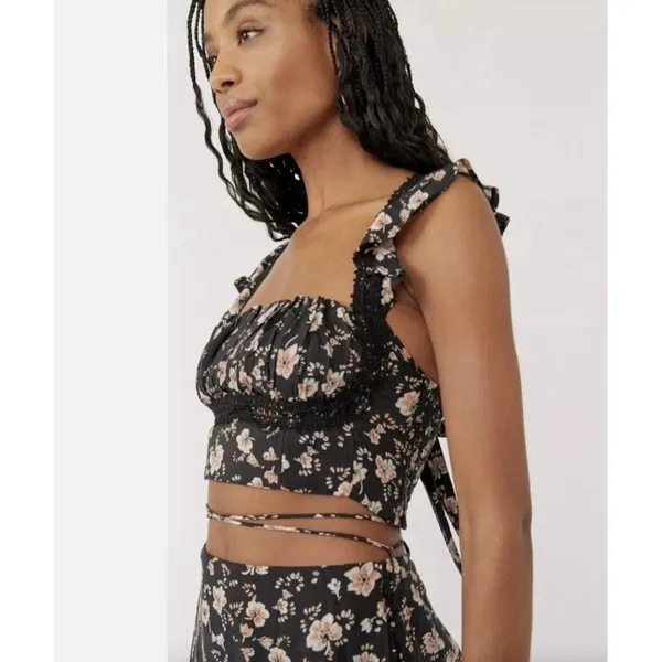 Free People Top Bijou Square Neck Floral Ruffle Sleeve Shoulder Tie Size 2‎ NEW - Image 2