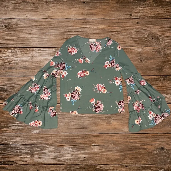 Altar'd State Boho Floral Bell Sleeve Blouse Small Sage Green Peasant Top - Image 2