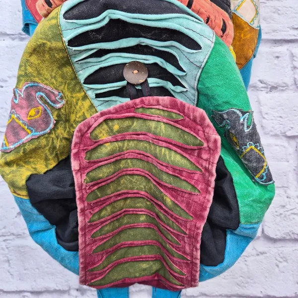 Nepal Cotton Patchwork Backpack Boho Hippie Festival Razor Cut Peace Sign Bag - Image 6