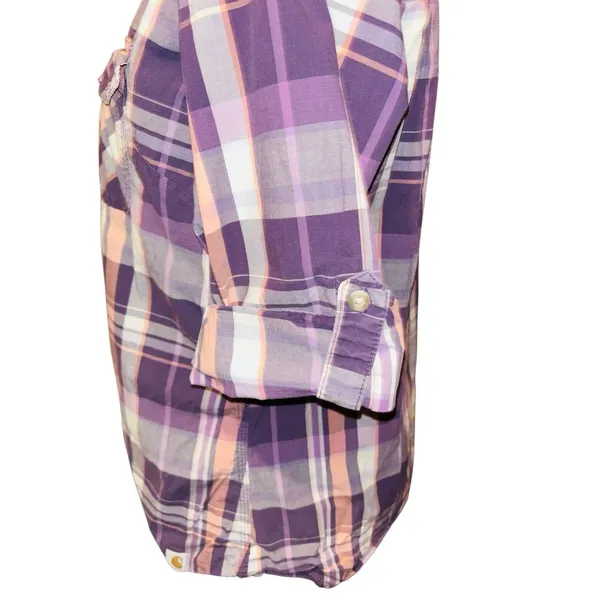 Carhartt Shirt L 3/4 Roll Tab Sleeve Pockets Button Up Plaid - Image 4