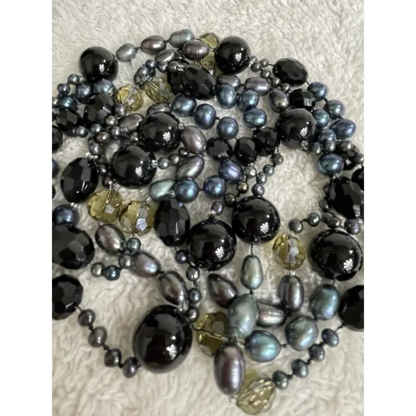 VTG Blk Onyx Baroque Freshwater Tahitian Pearls Crystal Necklace Heavy 52” 161gm - Image 2