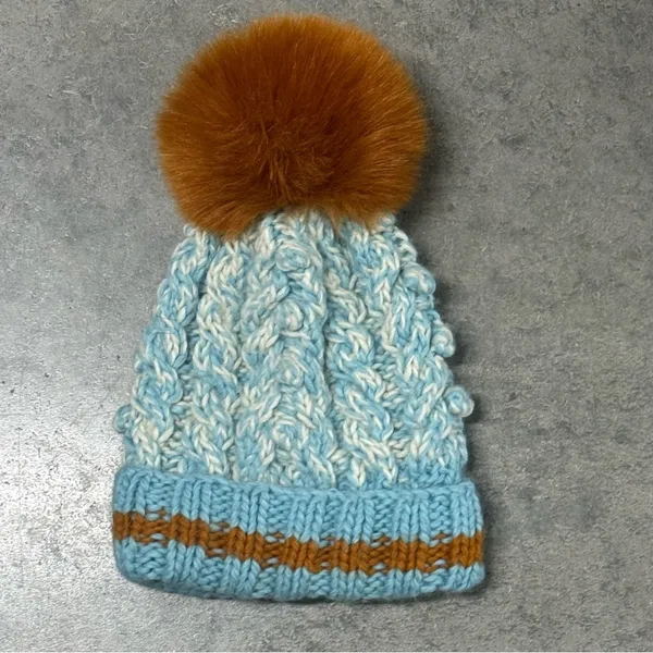Free People Happy‎ Trails Beanie Winter Hat Blue Brown Puff Faux Fur - Image 3