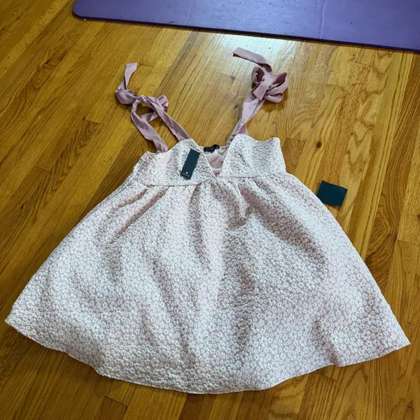 Lulus Floral Sequin Tie-Strap Babydoll Mini Dress XL Pink White Textured NWT - Image 5
