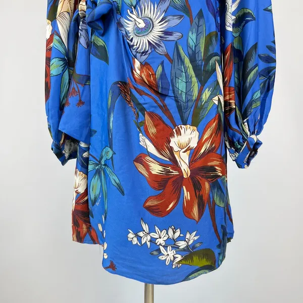 NWOT Farm Rio Blue Surreal Flowers Wrap Long Sleeve Mini Dress Size L - Image 4