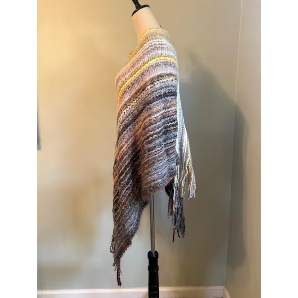 Multi Color Striped Knit Poncho Fringe One Size boho cozy fringe colorful retro - Image 3