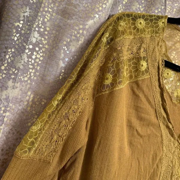 Free People Lola Mustard Golden Yellow Mesh Sheer Long Sleeve Top XS - Image 5