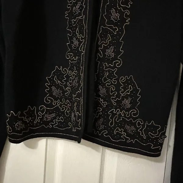 Vintage Black 100% Merino Wool Cardigan Sweater Sz M Medium Beaded - Image 2