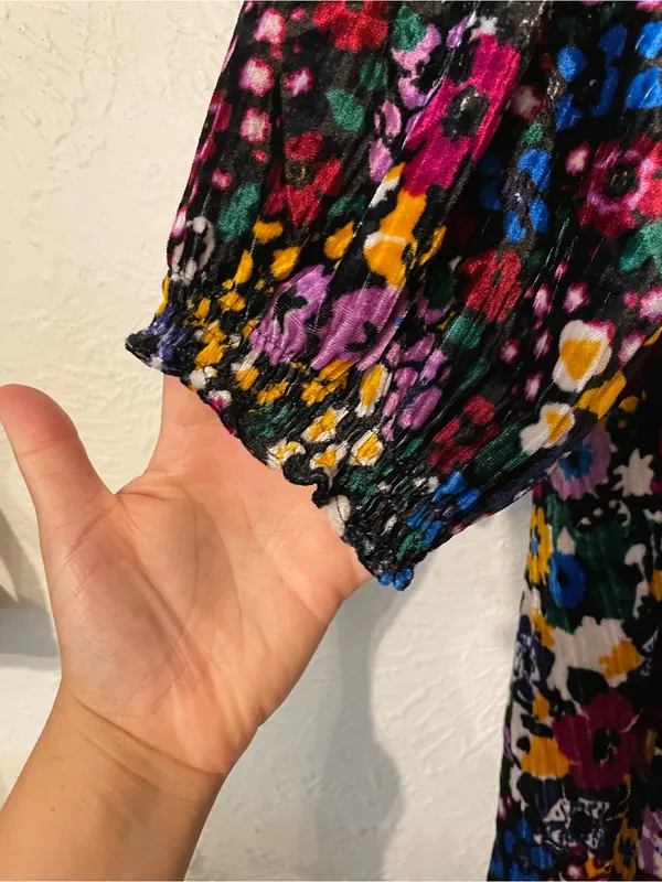 Anthropologie Multicolor Floral V-Neck Puff Sleeve Velvet Francie Mini Dress - Image 6
