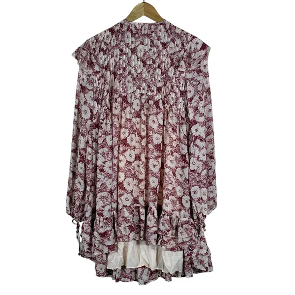 Free People Floral Babydoll Ruffle Mini Dress Burgundy Boho Pintuck Size S - Image 6