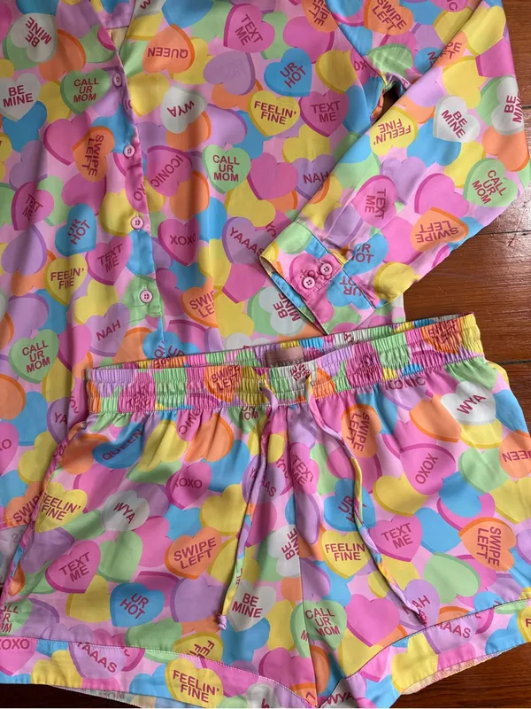 Show Me Your Mumu Colorful Conversation Hearts Silky Pajama Set Sz S 💛🍄 - Image 3