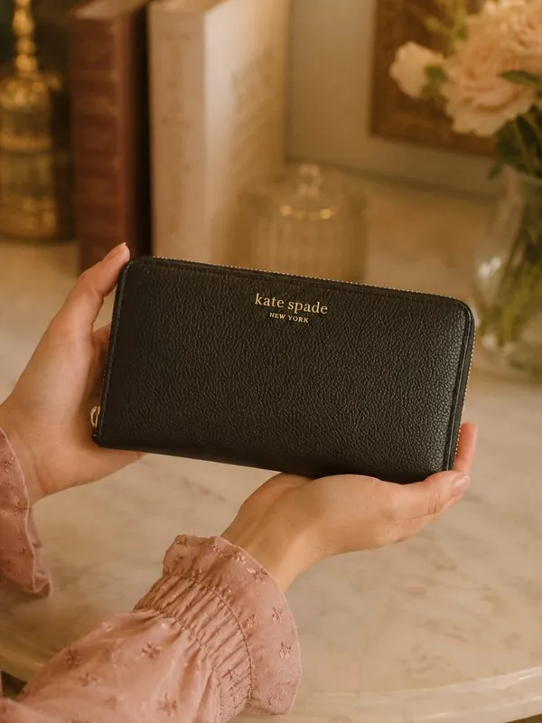 Kate Spade Black Slim Continental Wallet Pebbled Leather Zip Around NWT - Image 4