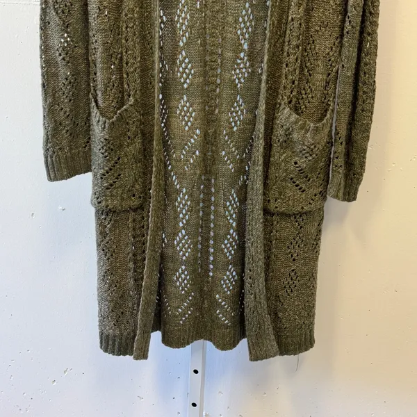 Knox Rose Olive Green Pointelle Knit Open Front Duster Cardigan Sweater Small - Image 4