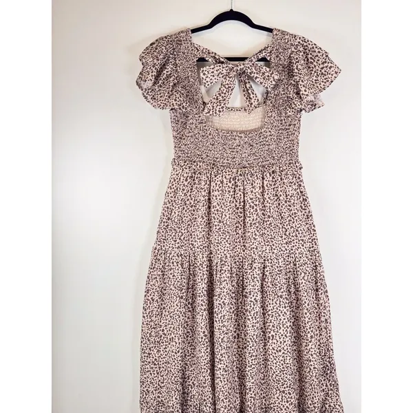 Revolve Majorelle Dress Beige Jade Maxi Cheetah Fit Flare Tiered Smocked Small - Image 10