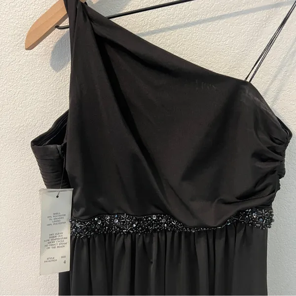 Adrianna‎ Papell Boutique Elegant Satin Black Beaded One-Shoulder Babydoll Dress - Image 6