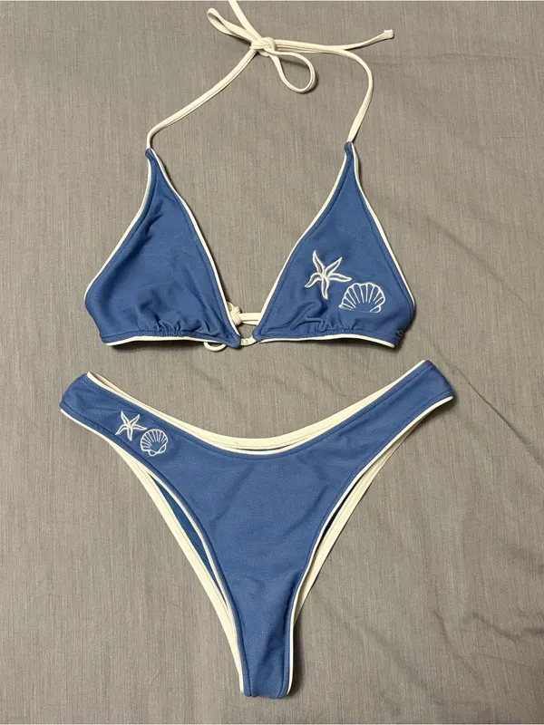 Rip Curl Small Blue Bikini Set, Shell, Triangle Top and High Leg Bottoms, Tillys - Image 4