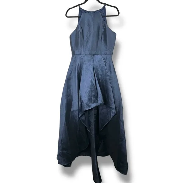 NEW Lulus Broadway Show Navy Blue High-Low Taffeta Pleated Gown Dress Medium - Image 5