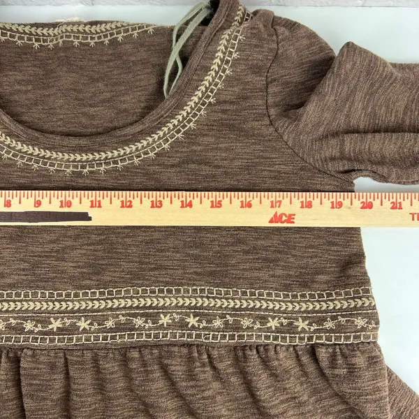 Easel Boho Brown Embroidered‎ Tiered Mini Dress Long Sleeve Babydoll Size Medium - Image 5