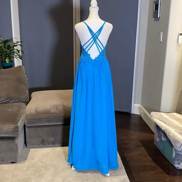 Women’s Blue Prom Party Dress Full Length with Leg Slit 4 **READ DESCRIPTION - Image 5