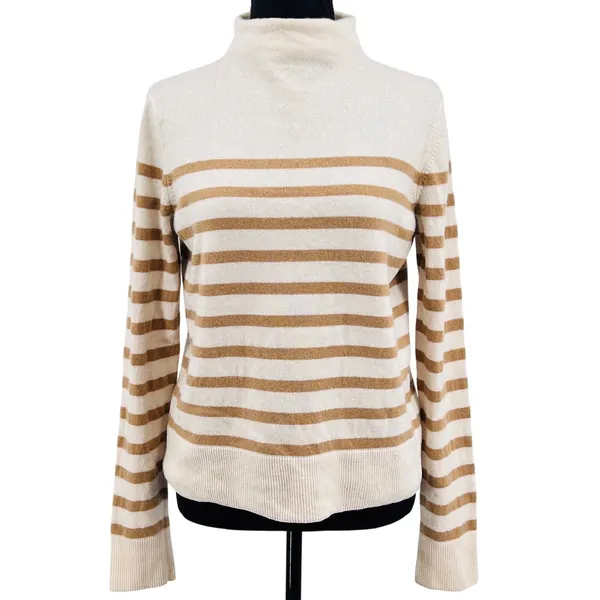 Vince.‎ Wool Cashmere Sweater Women's Stripe Mock Neck Cream Tan White Medium - Image 3