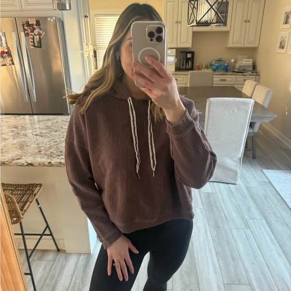 Aerie Ribbed Pullover Hoodie Brown Size Large - Image 2