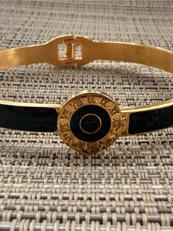 Black Round Roman Gold Tone Stainless Steel Hinge Bangle Cuff - Image 2