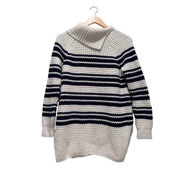Lands End Navy Blue White Striped Knit‎ Sweater Tunic Size Small Cotton Collar - Image 2