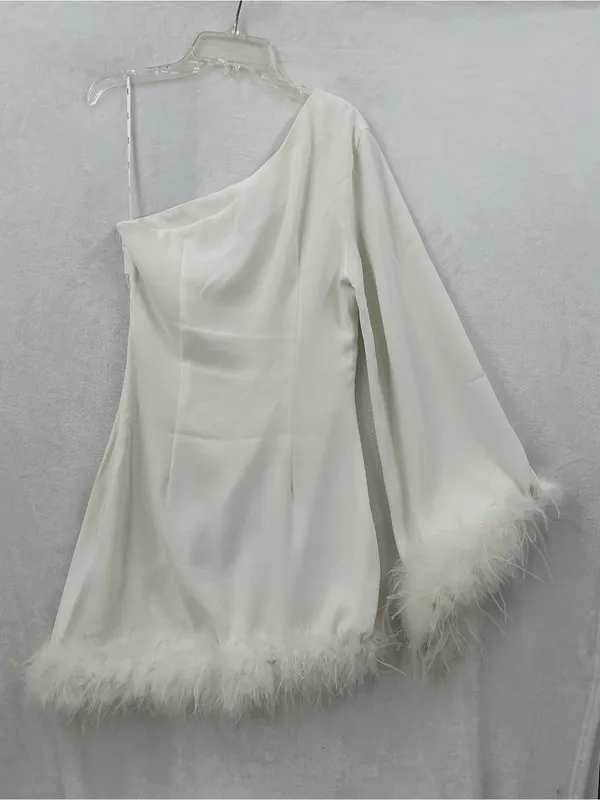 Elliatt One-Shoulder White Feather-Trim Mini Dress1175 - Image 3