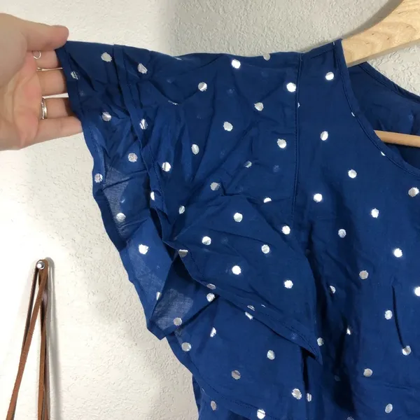 NWT J. Crew Ruffle Flutter Sleeve Metallic Polka Dot Top - foil Indigo Silver - Image 4