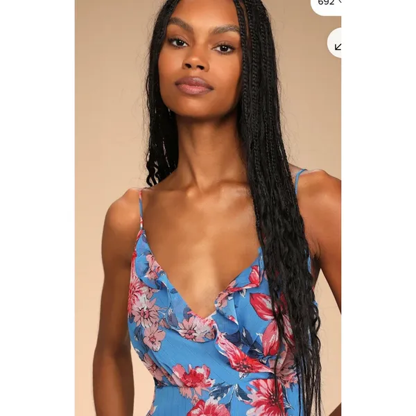 Lulus‎ Tropical Skies Blue Floral Maxi Dress Wedding Guest Side Slit Size L - Image 8