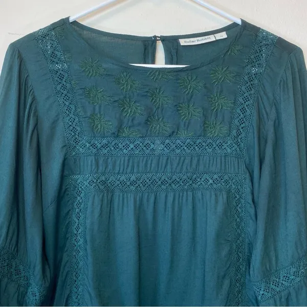 ROLLER RABBIT Embroidered 3/4 Sleeve Viscose Blouse in Emerald Green Sz XS - Image 3